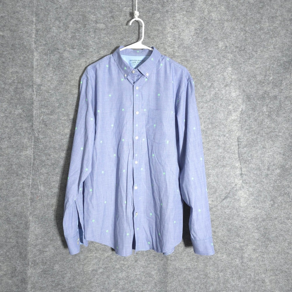 Banana Republic Luxe Poplin Mens L Blue Palm Tree Embroidered Button Down Shirt